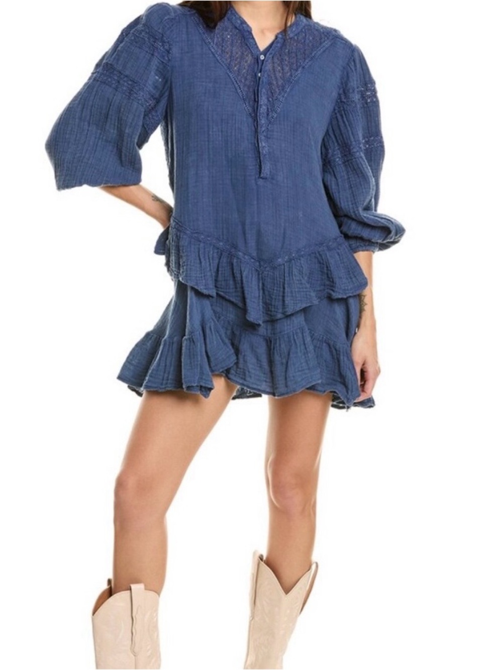 Free People Blue Gauze Tiered Ruffle Dress
